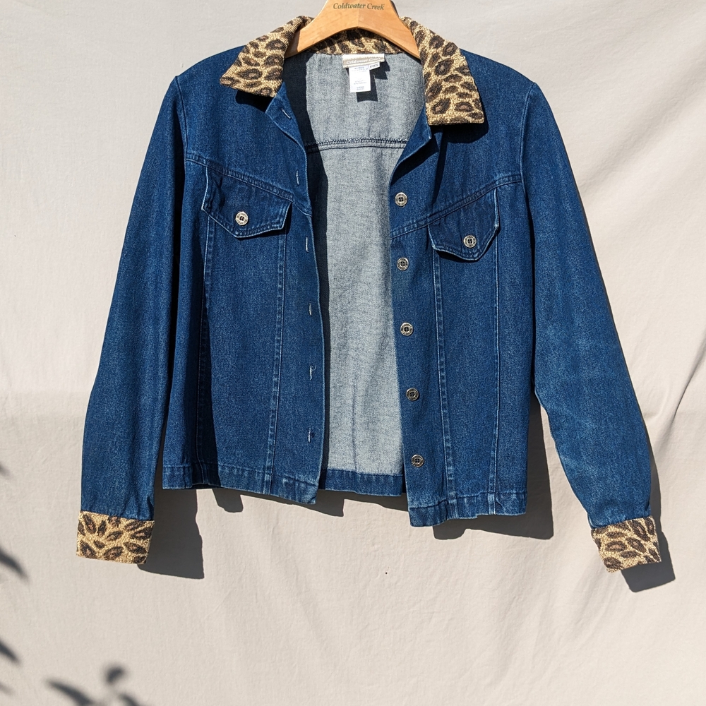 Coldwater Creek Blue Jean Jacket with Leopard Trim
